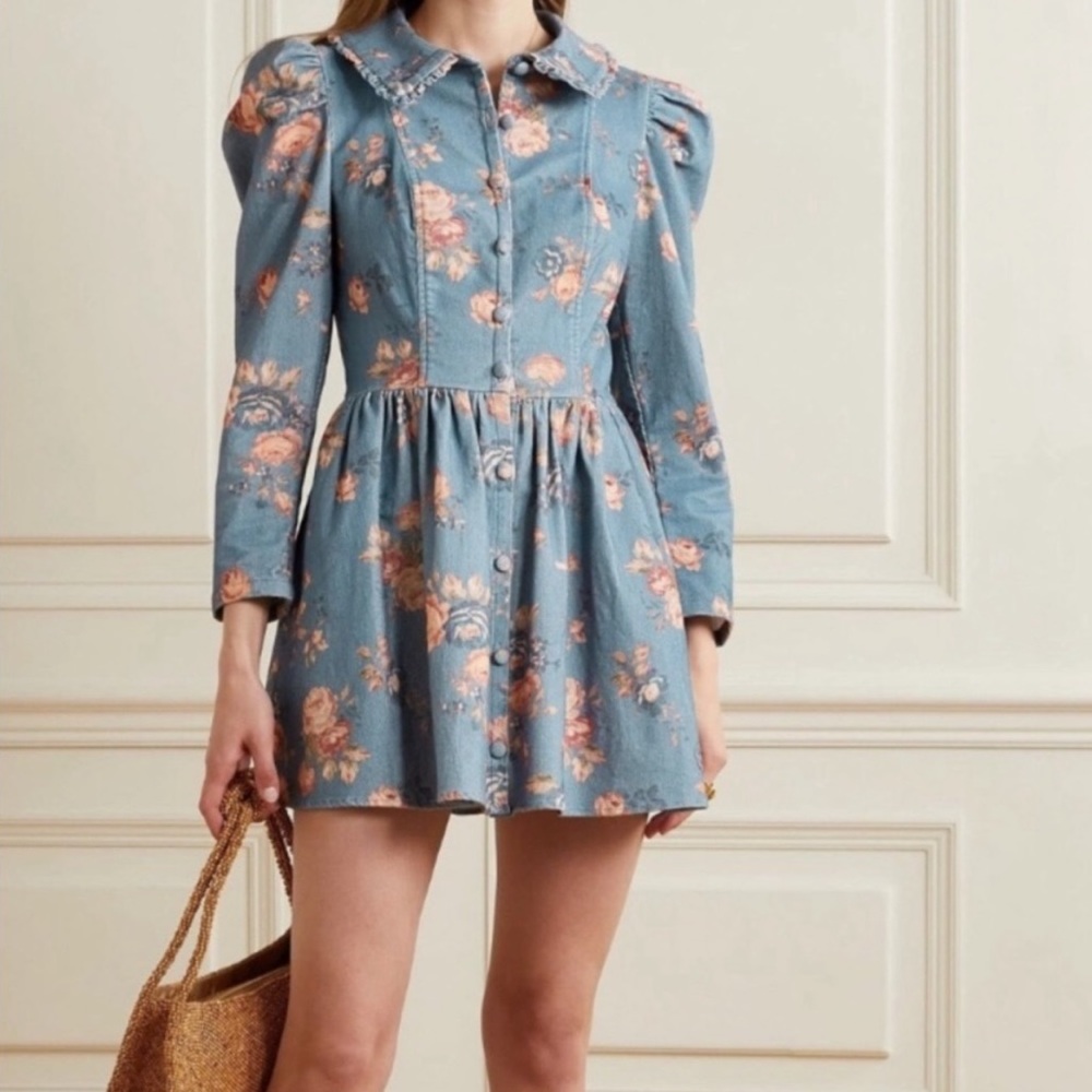 LoveShackFancy - Beyers Long Pouf Sleeve Corduroy Dress in Faded Denim - Size 8